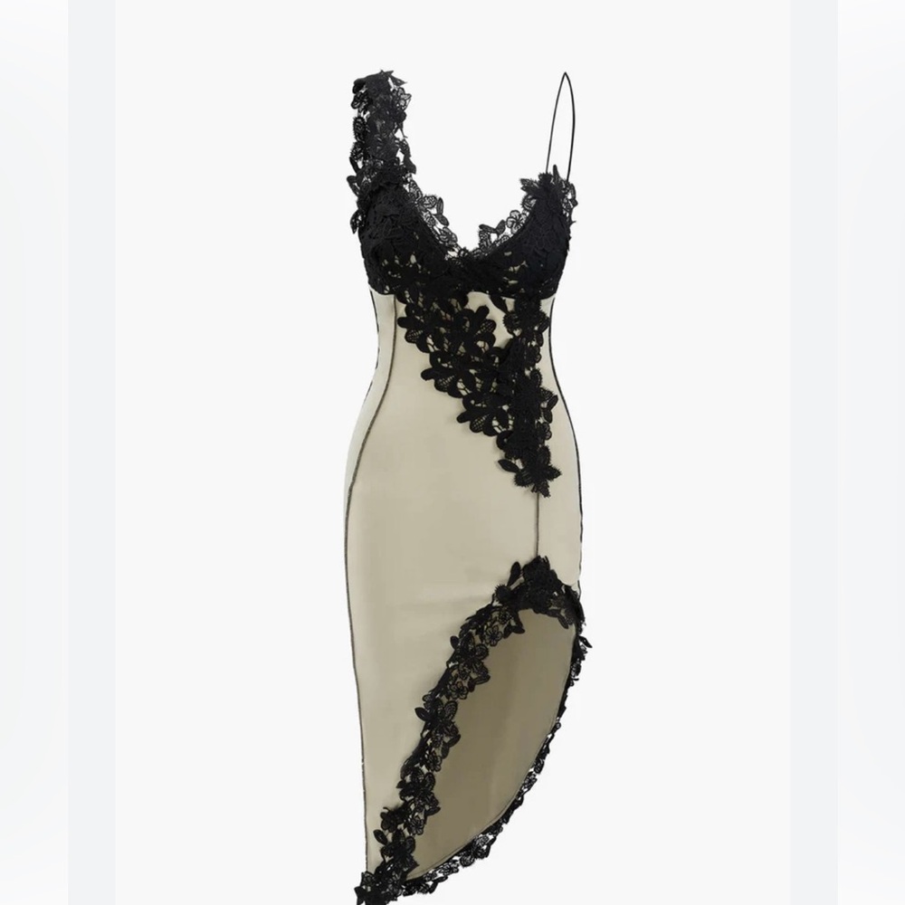 Micas Asymmetric Lace Panel Midi Dress